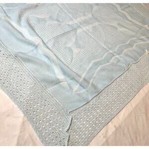 Baby Blanket Vtg Blue White Waffle Weave Knit Crochet Orlon Mid Century 35 x 46